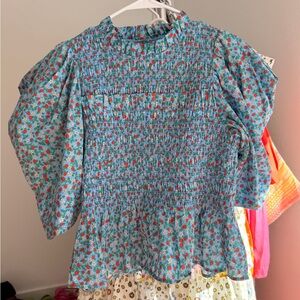 Sea New York Blue Floral Smocked Peplum Blouse